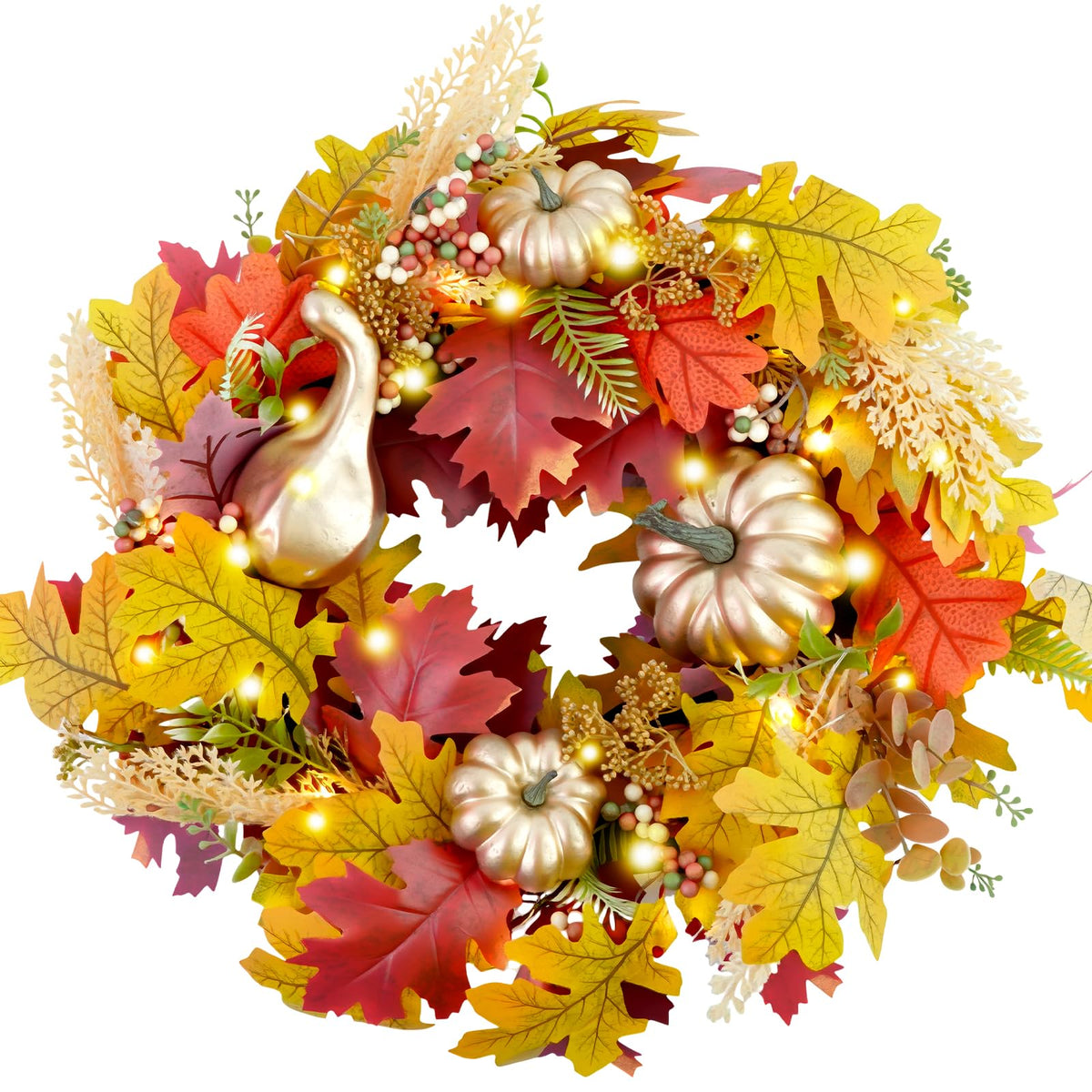Fall Wreaths for Front Door,Sunflower Autumn Wreath with Lights,Pumpkins and Bows,for Thanksgiving Halloween Farmhouse Indoor Outdoor Outside (Golden Pumpkin)