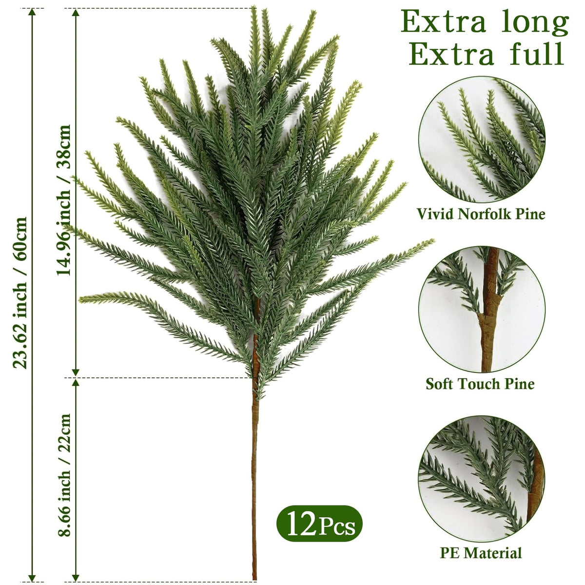 12Pcs Christmas Norfolk Pine Stems, 24'' Long Artificial Evergreen Norfolk Pine Branches, Real Touch Greenery Picks, Faux Floral Branch for Mantel DIY Xmas Home Decoration Indoor Christmas Decor