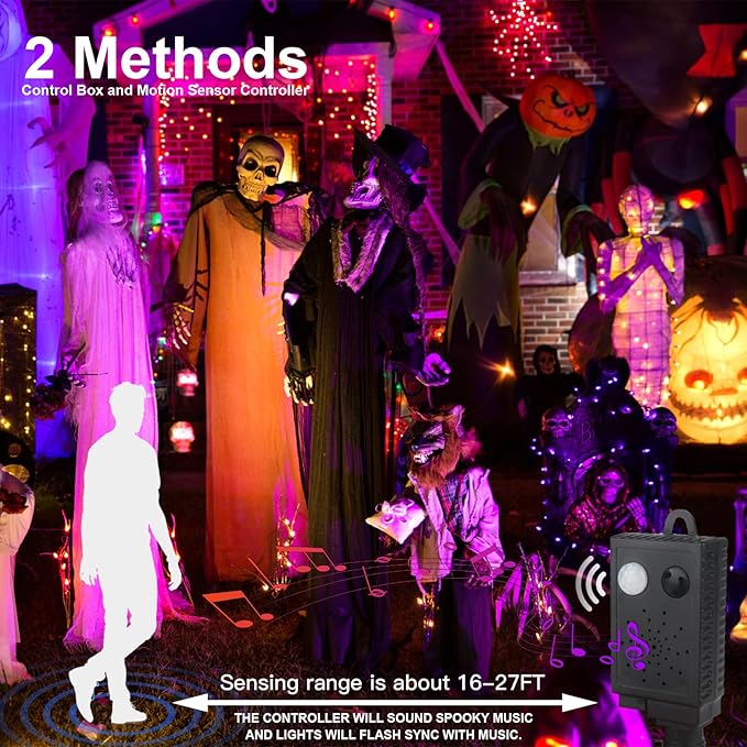XTF2015 Halloween Lights, 105FT 300 LED Halloween String Lights with Spooky Music Motion Sensor Controller Twinkle Waterproof Purple Orange Light Plug in for Indoor Outdoor Tree Party Yard Room Decor