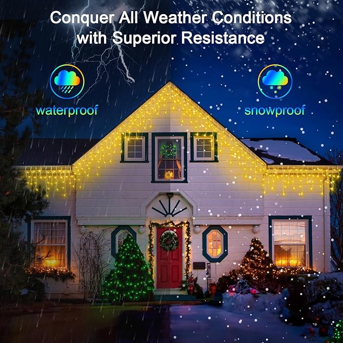 1296 LED 131FT Christmas Lights 288 Drops, Outdoor Hanging light with 8 Modes & Timer, Plug in Curtain String Light Outdoor Waterproof for House Tree Holiday Wedding Party Outside Decor (Warm White)