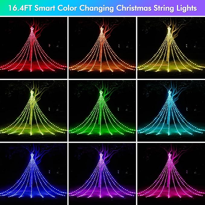 Outdoor Christmas Decorations, 16.4FT RGB Color Changing Christmas Hanging Waterfall String Lights with Star, APP Remote Control, DIY Multi-Color Lightshow, Music Sync, Xmas New Year Decor