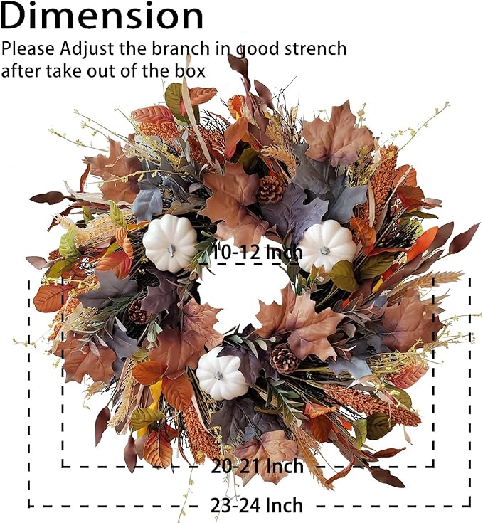 WANNA-CUL 24 Inch Fall Wreath for Front Door with White Pumpkins,Grains, Maple Leaves-Fall Decoration for Home-Large Fall Decor Door Wreath for Autumn,Harvest or Halloween
