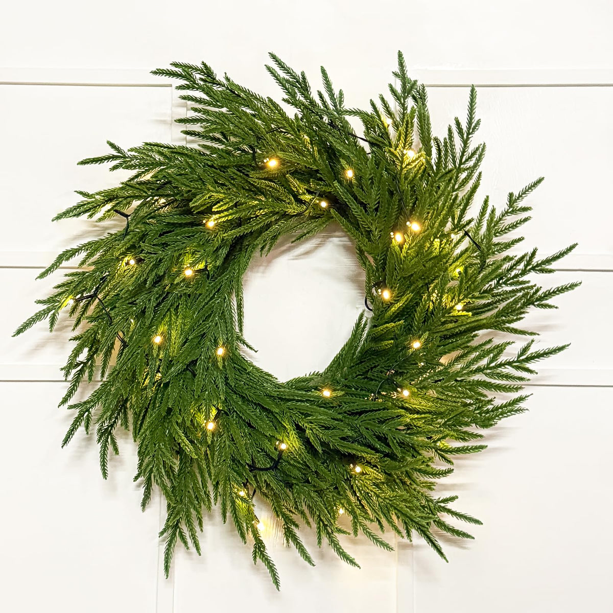 24" Lighted Norfolk Pine Wreath, Thick and Soft, Timer and 8 Modes, Artificial Christmas Wreaths for Front Door 50 LED 70 Pine Branches Christmas Door Wreath for Wall Window Indoor Outdoor Home Decor