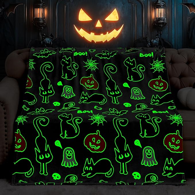 Halloween Glow in The Dark Blanket Gifts Toy for Boys Girls Daughter Son Glowing Black Cat Pumpkin Ghost Bat Witch Hat Spooky Soft Cozy Throw Party Favors Present for Kids Adult Sofa Bed Decor 50"x60"