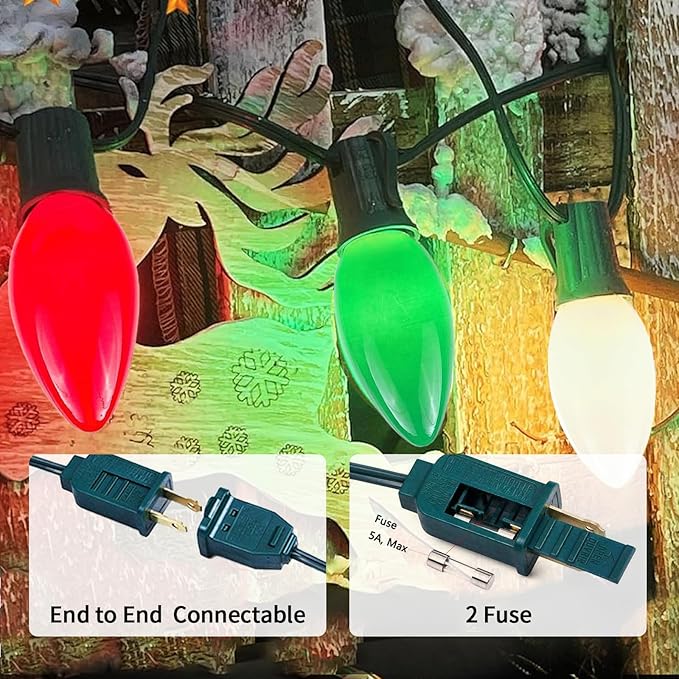 25Ft C9 LED Christmas Lights Outdoor Indoor, Multicolor Red Green White Vintage String Lights, Connectable Holiday Decor for Xmas Tree Wedding Party Patio Porch Yard