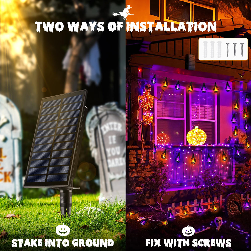 iBaycon Solar Halloween Lights, 42Ft 15 LED Bulbs Flickering Flame String Light, Outdoor Waterproof Solar Flame Lights for Garden Yard Patio Halloween Decorations (Warm White + Purple)