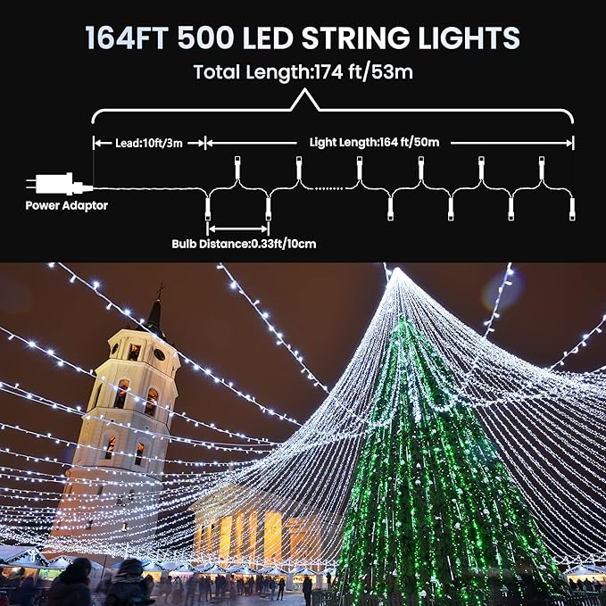 175Ft Christmas Lights Outdoor, 500 LED Christmas String Lights with 8 Modes, Timer, Waterproof Fairy Twinkle Light for Party, Garden, Patio, Home, Weddings, Holiday, XmasTree Decorations (White)