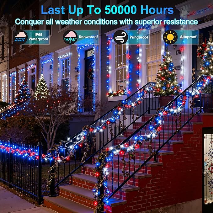 350LED Christmas Lights Indoor Outdoor, 90ft 12 Modes Red Blue and White LED String Lights with Timer Dimmable, Waterproof Tree Lights for Xmas Patio Yard Fence Bedroom Wedding Garden Decor
