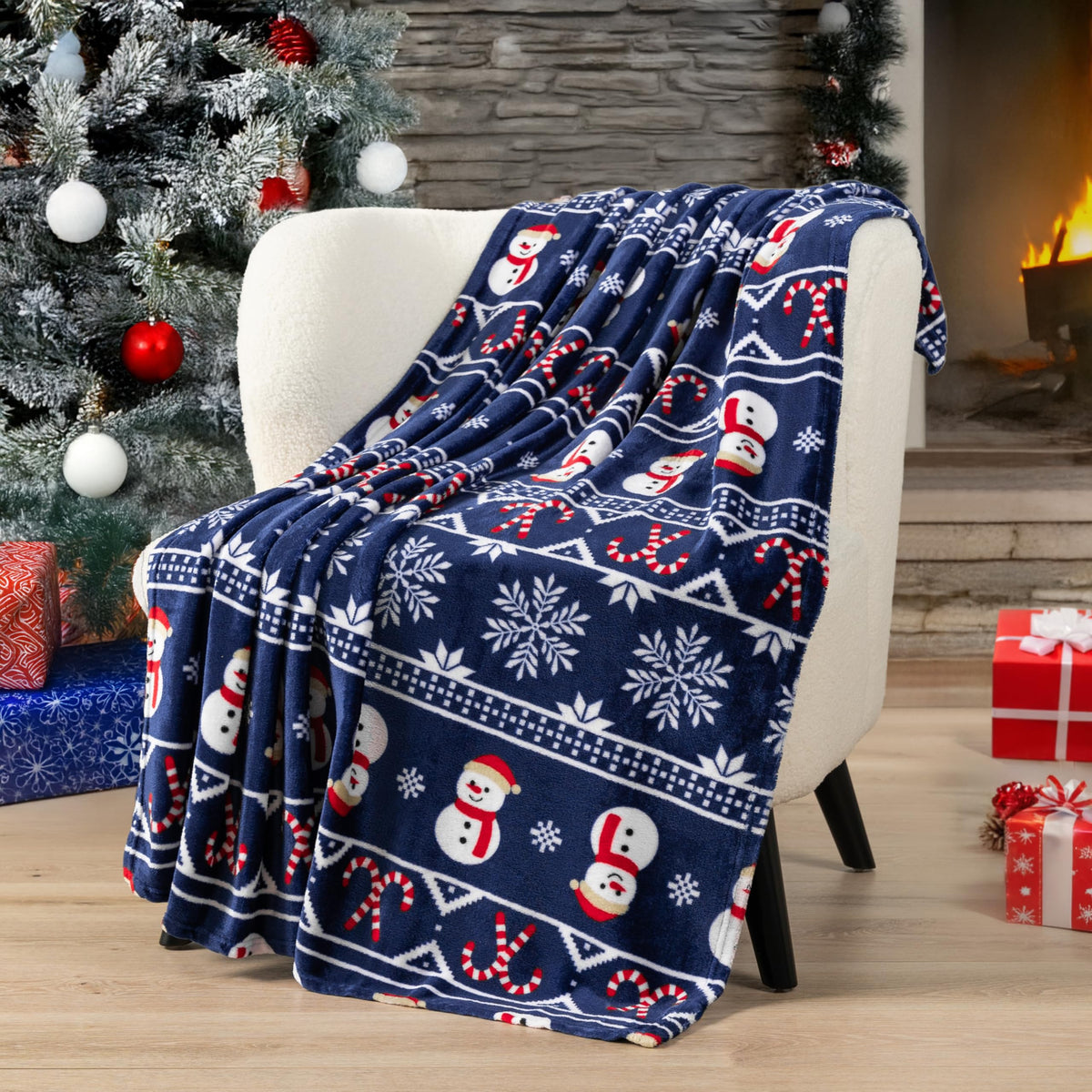 PAVILIA Christmas Snowman Throw Blanket | Blue Holiday Christmas Fleece Blanket | Soft, Plush, Warm Winter Cabin Throw, 50x60 (Blue Christmas)