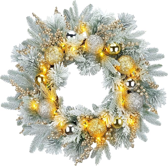 YULETIME 24" Christmas Wreath, Artificial Holiday Wreath with Baubles, Berries, Leaves, Spruce Branches, Snowy Pine Needles (Gold Bauble)