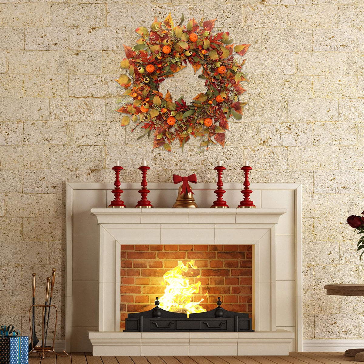 22 inch Artificial Fall Wreaths for Front Door,Autumn Wreath with Pumpkin and Maple Leaves Suitable for Indoor Outdoor Wall Porch Harvest Festival Thanksgiving Day Farmhouse Holiday Decor.