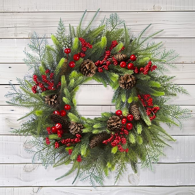 24 Inch Christmas Wreath with Red Berries, Pinecones and Greenery – Artificial Holiday Front Door Cedar Wreath for Farmhouse, Winter Indoor Outdoor Xmas Home Décor