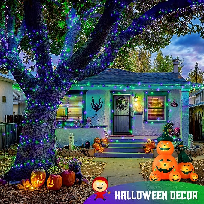 JMEXSUSS 200 LED Purple and Green Halloween Lights Plug in, 66ft Connectable Halloween String Lights,8 Modes Outdoor Waterproof Tree Light for Yard Outdoor Indoor Bedroom Garden Patio Decor