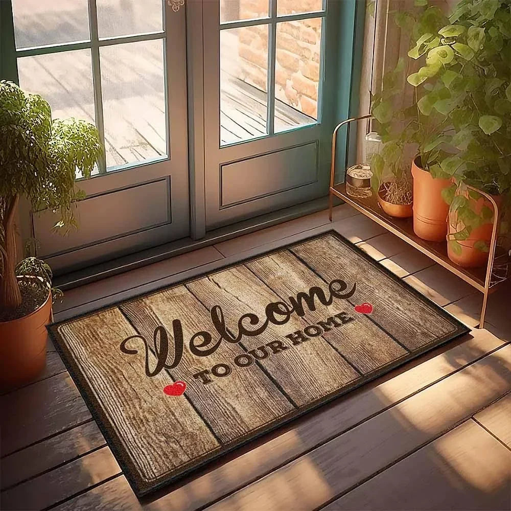 Welcome Door Mat with Wooden Board Printing Simple Letter Printed Rug Home Decoration Bedroom Kitchen Home Anti Slip Door Mat