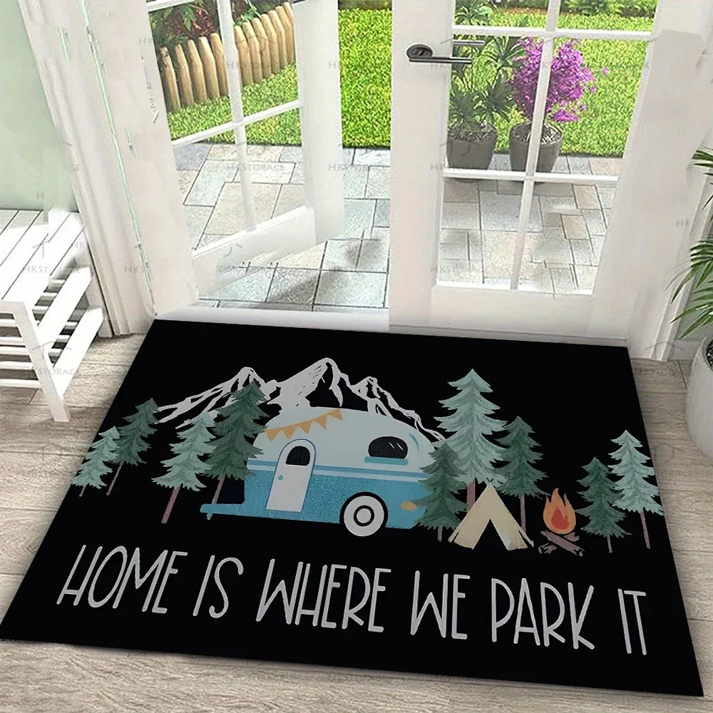 RV Camping Printed Carpet Happy Campers Decorate Door Mats Kitchen Bedroom Living Room Porch Entrance Non Slip Rug