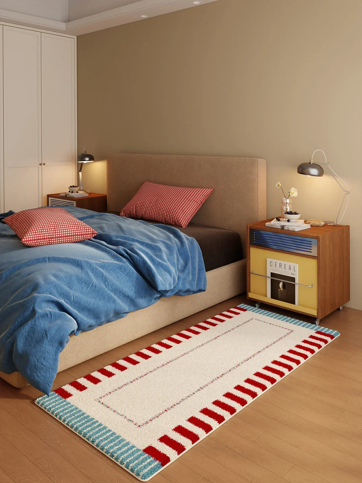 VIKAMA Vintage Checkered Carpet Fluffy Plush Bedroom Side Rug Living Room Decoration Long Strip Floor Mat Home Decoration
