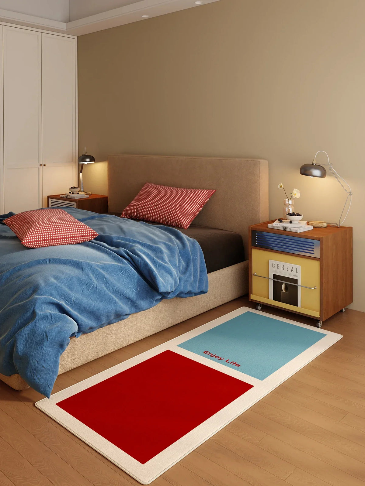 VIKAMA Vintage Checkered Carpet Fluffy Plush Bedroom Side Rug Living Room Decoration Long Strip Floor Mat Home Decoration